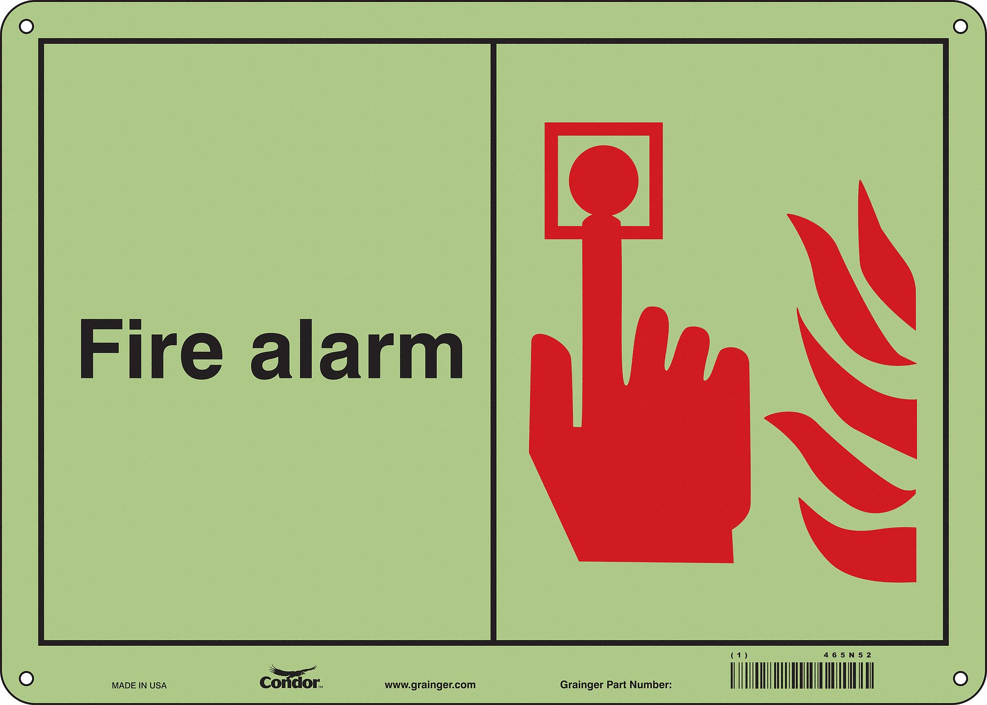 Safety Sign: Polyethylene, Mounting Holes Sign Mounting, 10 in x 14 in Nominal Sign Size, Fire Alarm