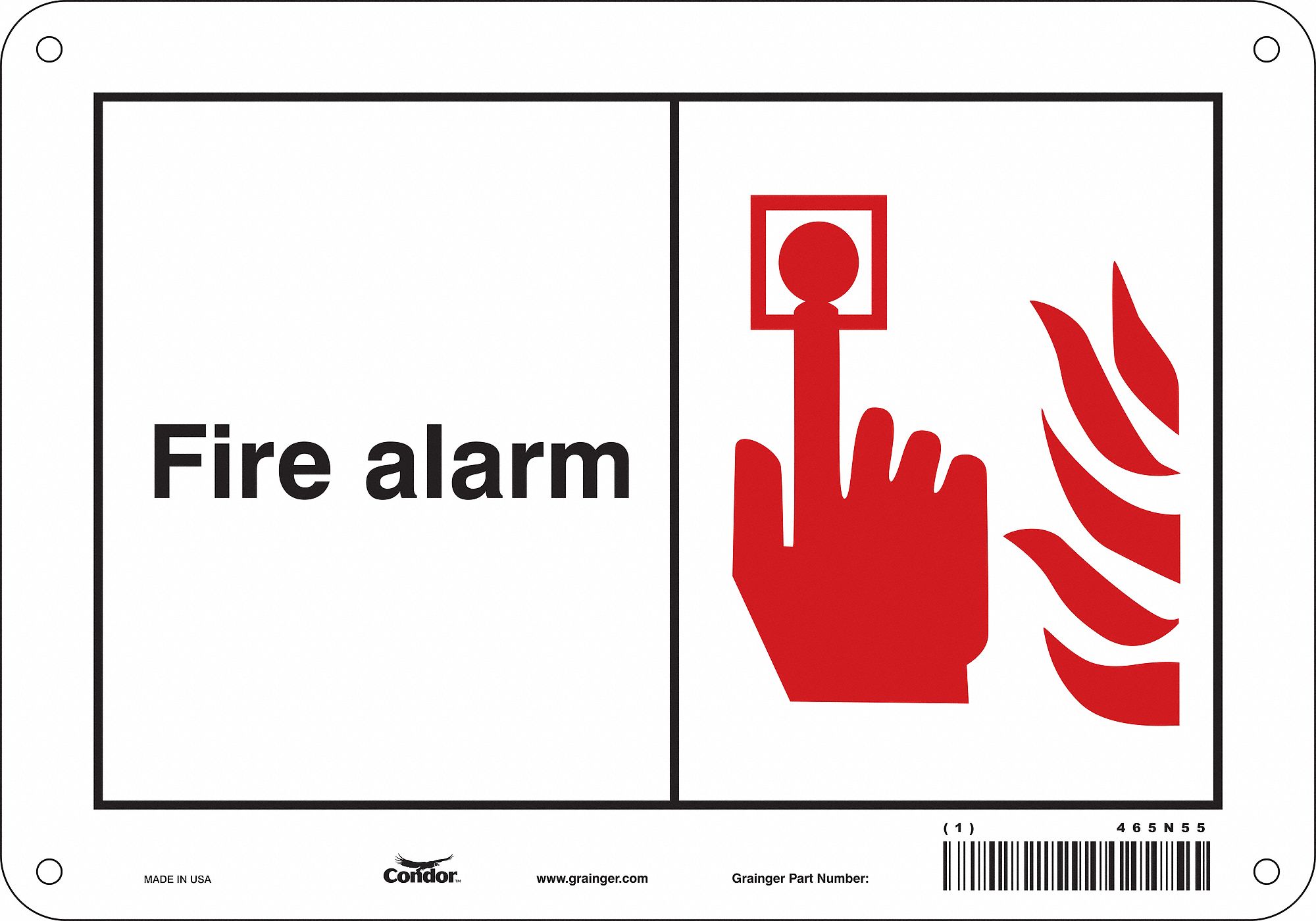 Safety Sign: Polyethylene, Mounting Holes Sign Mounting, 7 in x 10 in Nominal Sign Size, Fire Alarm