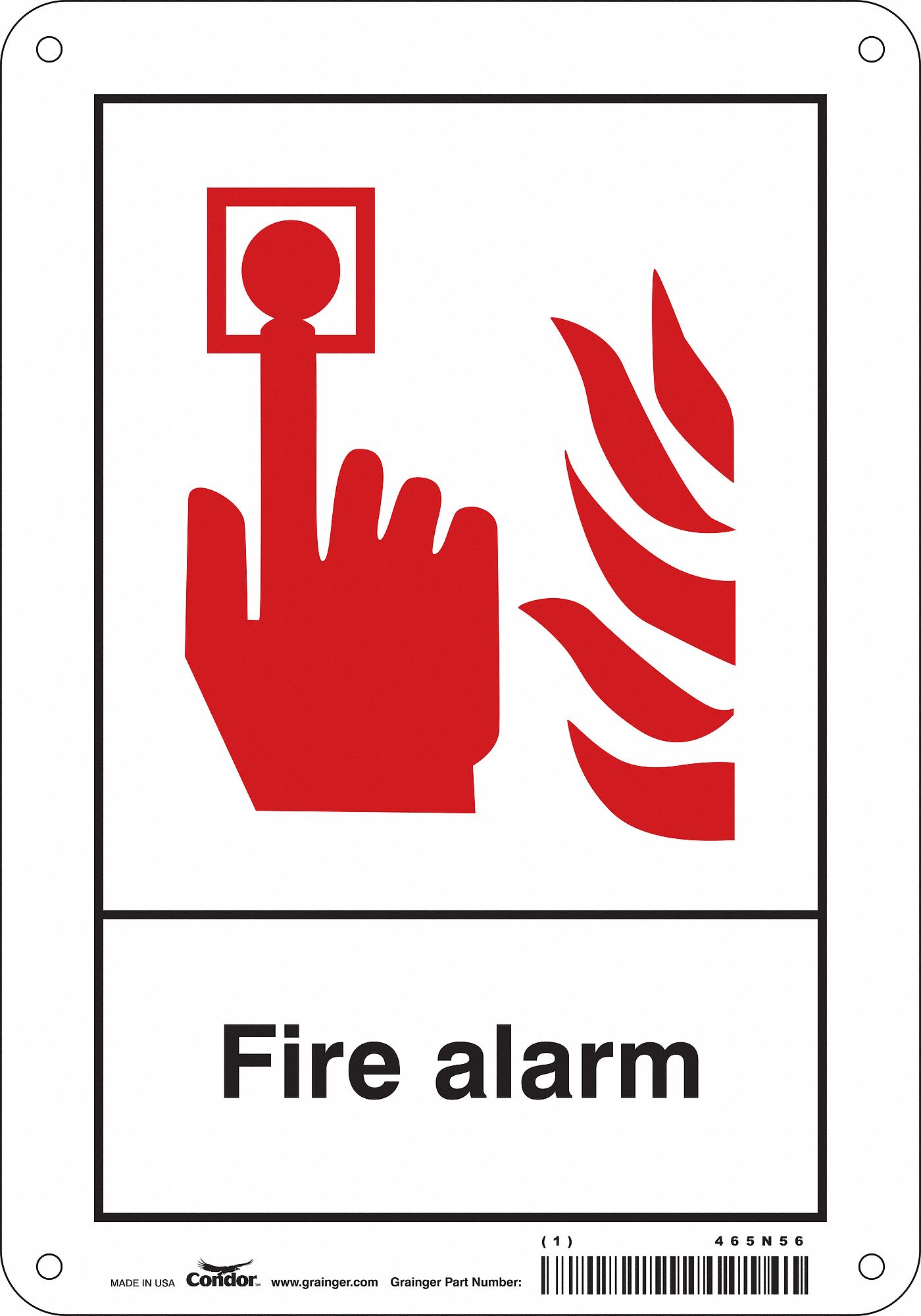 Safety Sign: Polyethylene, Mounting Holes Sign Mounting, 10 in x 7 in Nominal Sign Size, Fire Alarm