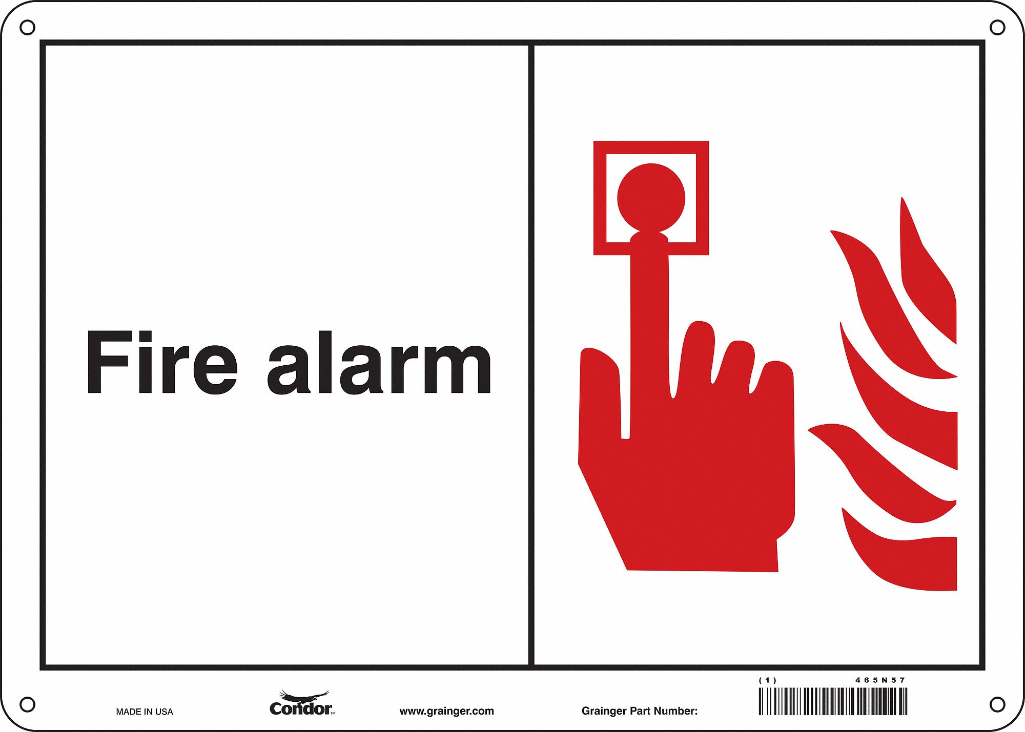 Safety Sign: Polyethylene, Mounting Holes Sign Mounting, 10 in x 14 in Nominal Sign Size, Fire Alarm