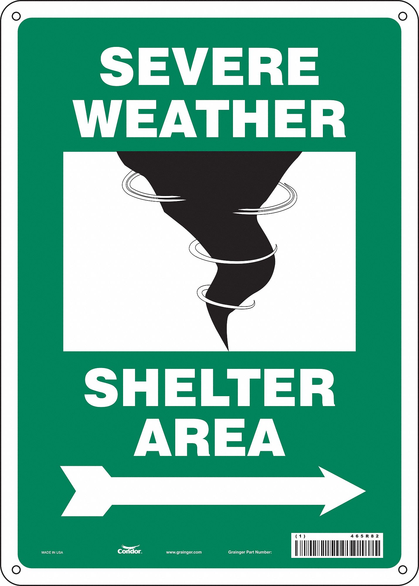 SAFETY SIGN, ALUMINUM, MOUNTING HOLES, 14 IN X 10 IN NOMINAL SIGN SIZE, 0.032 IN THICK, SEVERE WEATHER SHELTER AREA