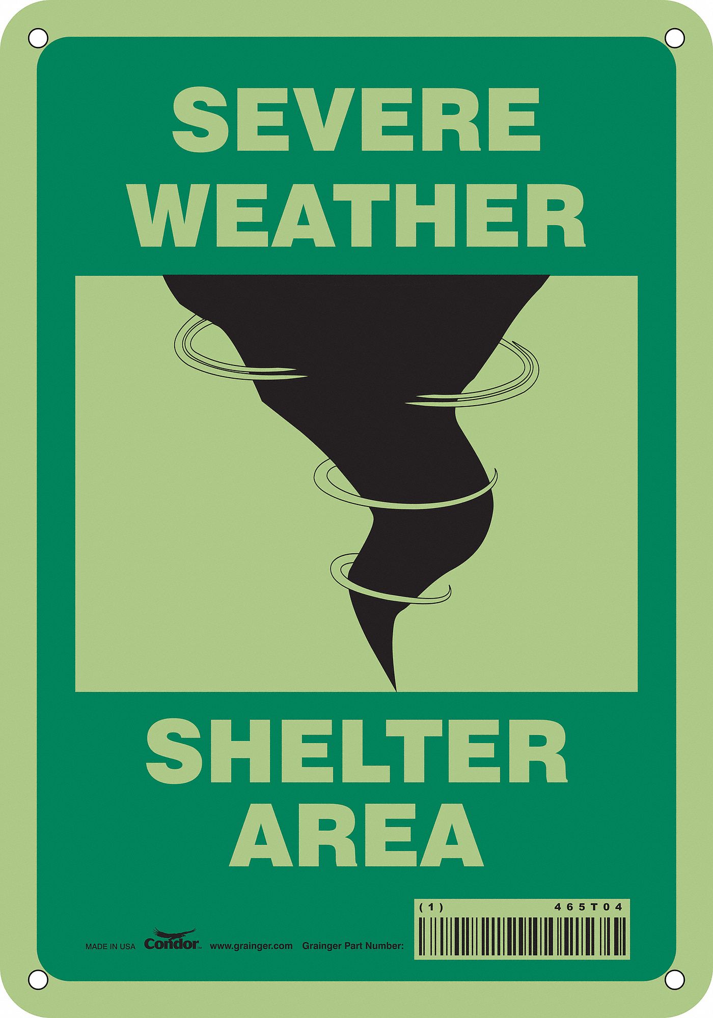 SAFETY SIGN, POLYETHYLENE, MOUNTING HOLES, 10 IN X 7 IN NOMINAL SIGN SIZE, SEVERE WEATHER SHELTER AREA