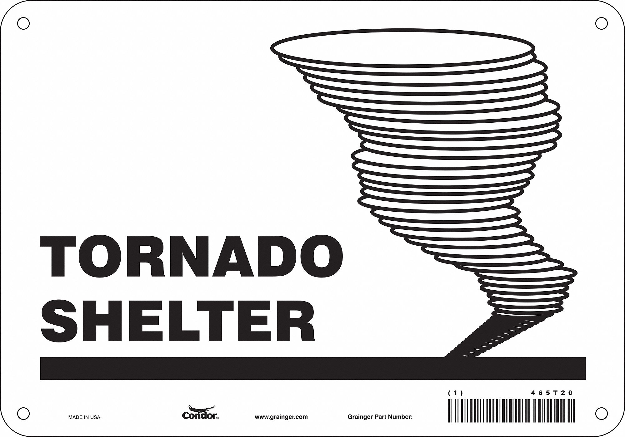 SAFETY SIGN, POLYETHYLENE, MOUNTING HOLES, 7 IN X 10 IN NOMINAL SIGN SIZE, TORNADO SHELTER