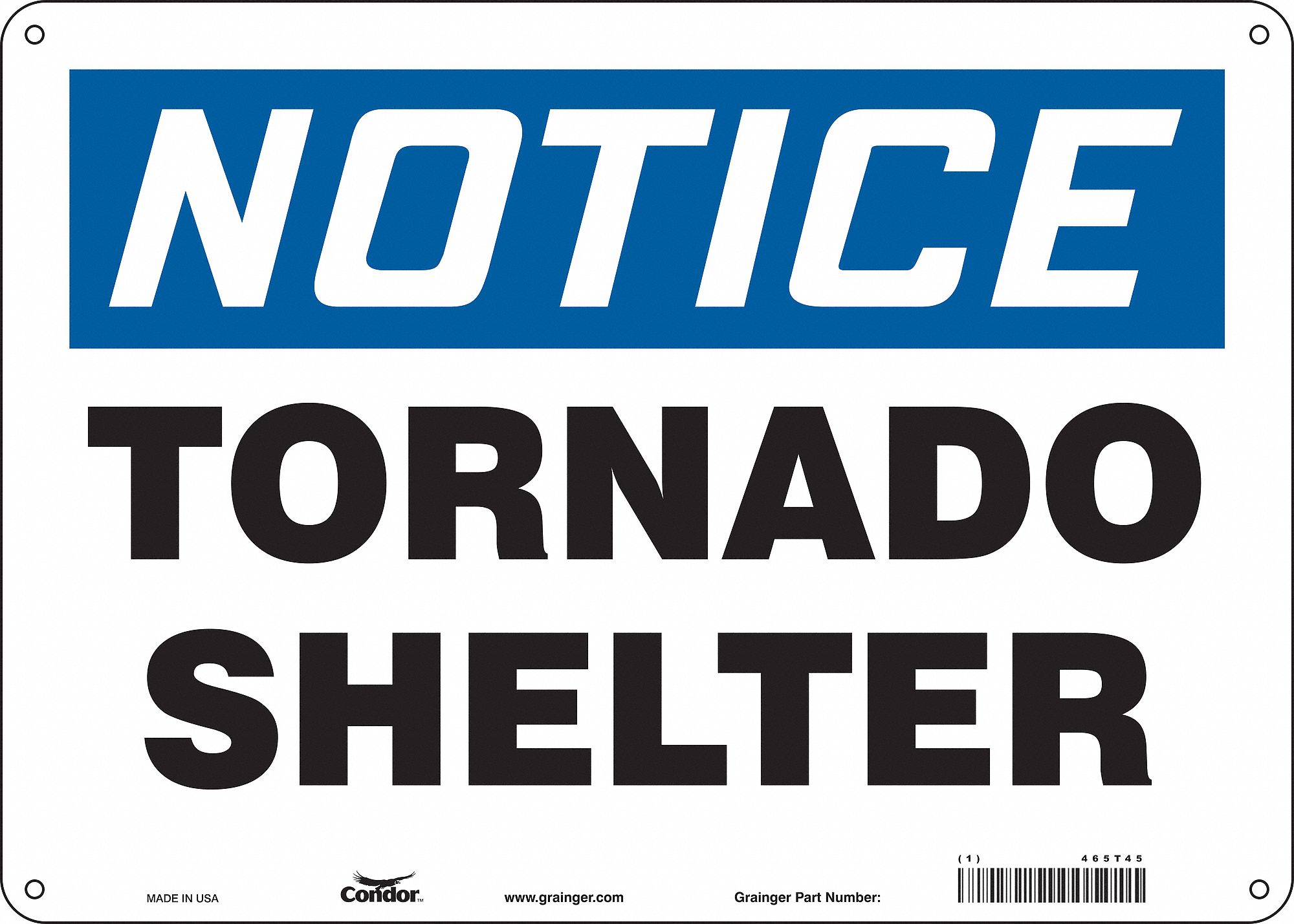 CONDOR Safety Sign, Tornado Shelter, Sign Header Notice, Aluminum, 10 ...