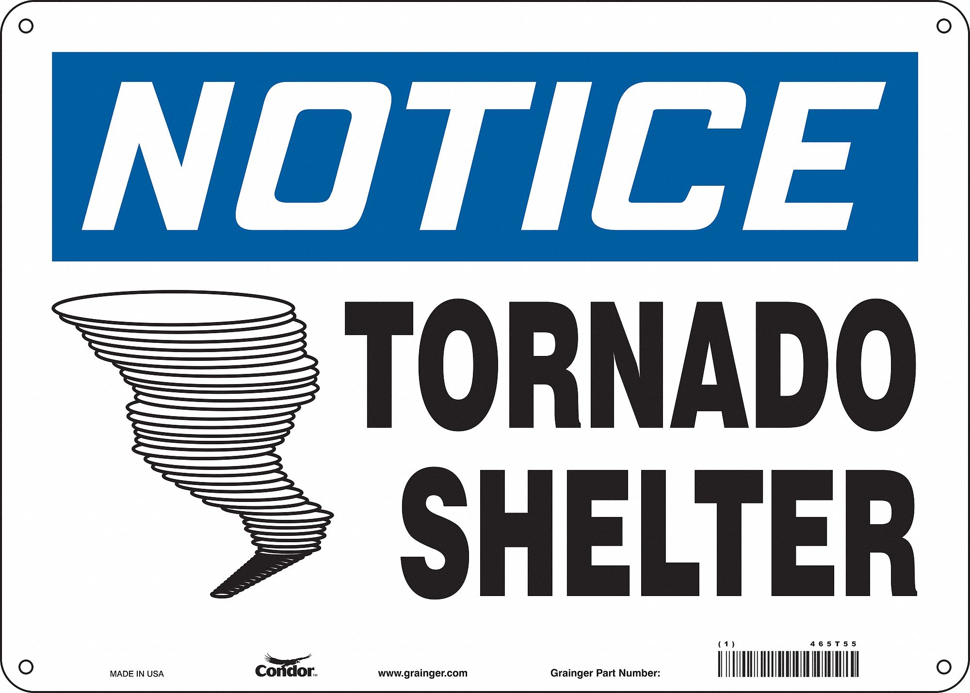 SAFETY SIGN, POLYETHYLENE, MOUNTING HOLES, 10 IN X 14 IN NOMINAL SIGN SIZE, TORNADO SHELTER