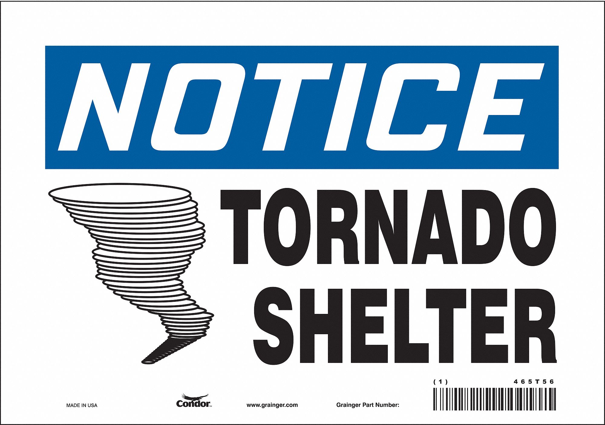 CONDOR Safety Sign, Tornado Shelter, Sign Header Notice, Vinyl, 7 in x