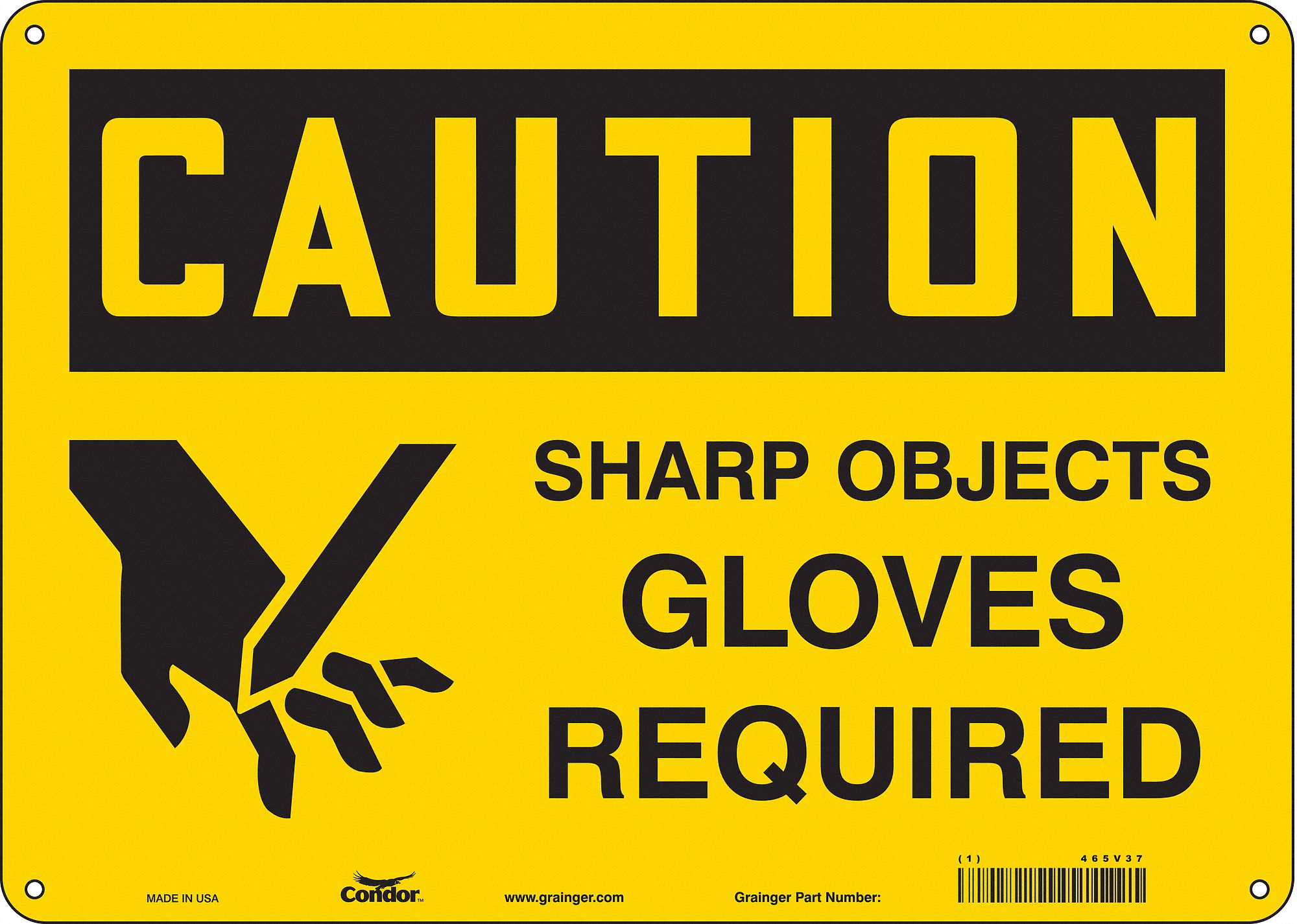CONDOR Safety Sign, Sign Format Traditional OSHA, Sharp Objects Gloves
