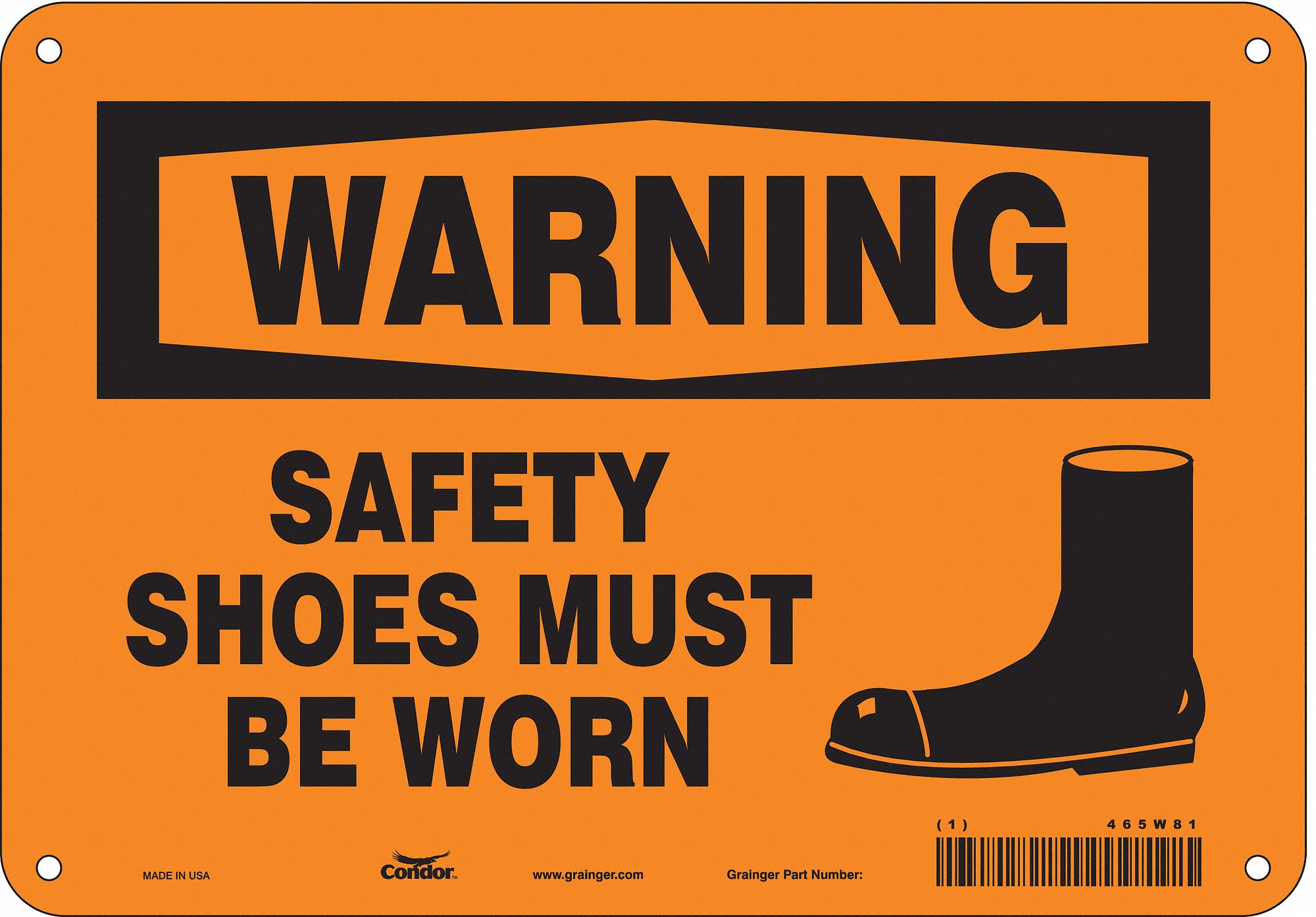 CONDOR Safety Sign, Sign Format Traditional OSHA, Safety Shoes Must Be