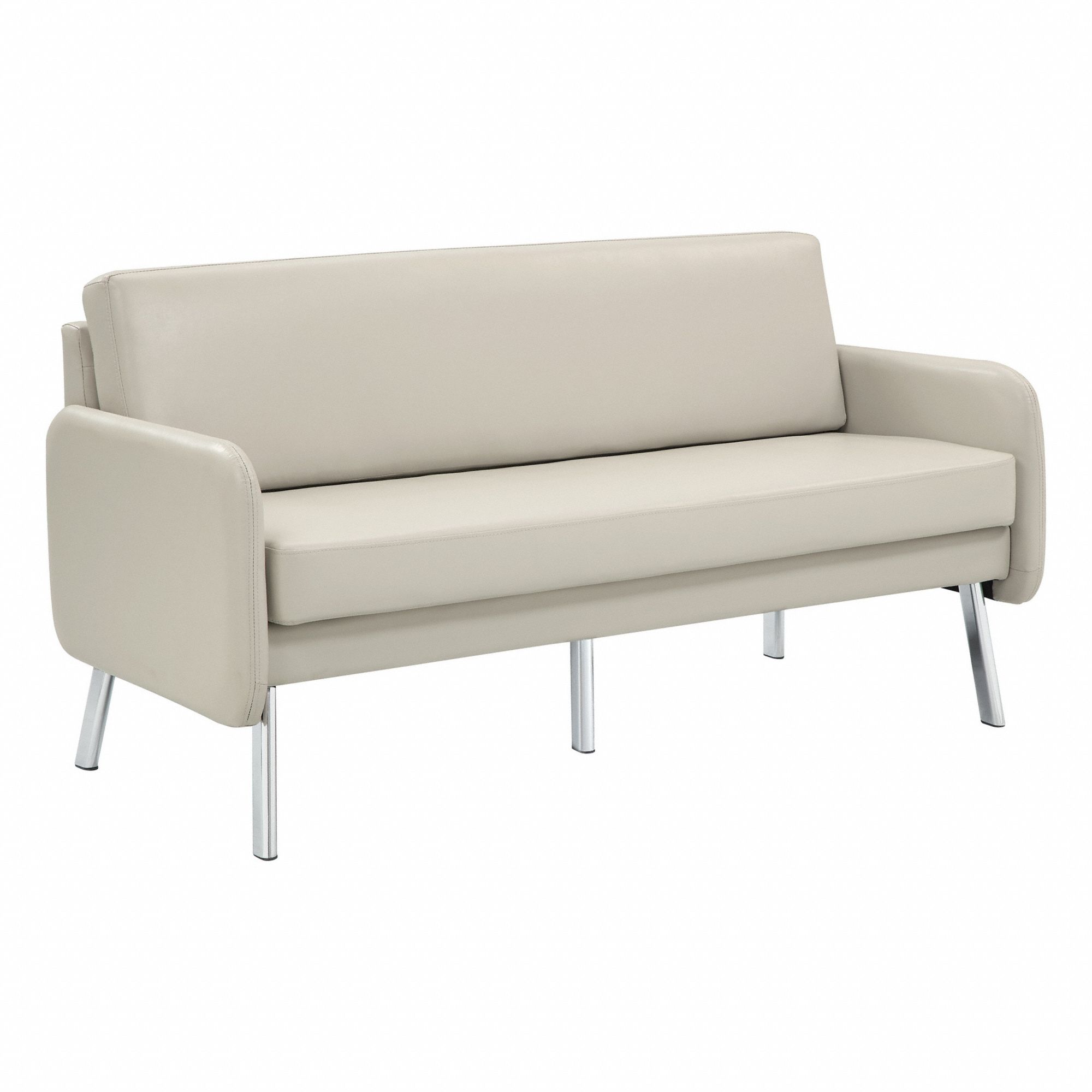 Sofa: Beige, Beige, Faux Leather, Metal, 58 in Seat Wd, 18 1/2 in Seat Dp