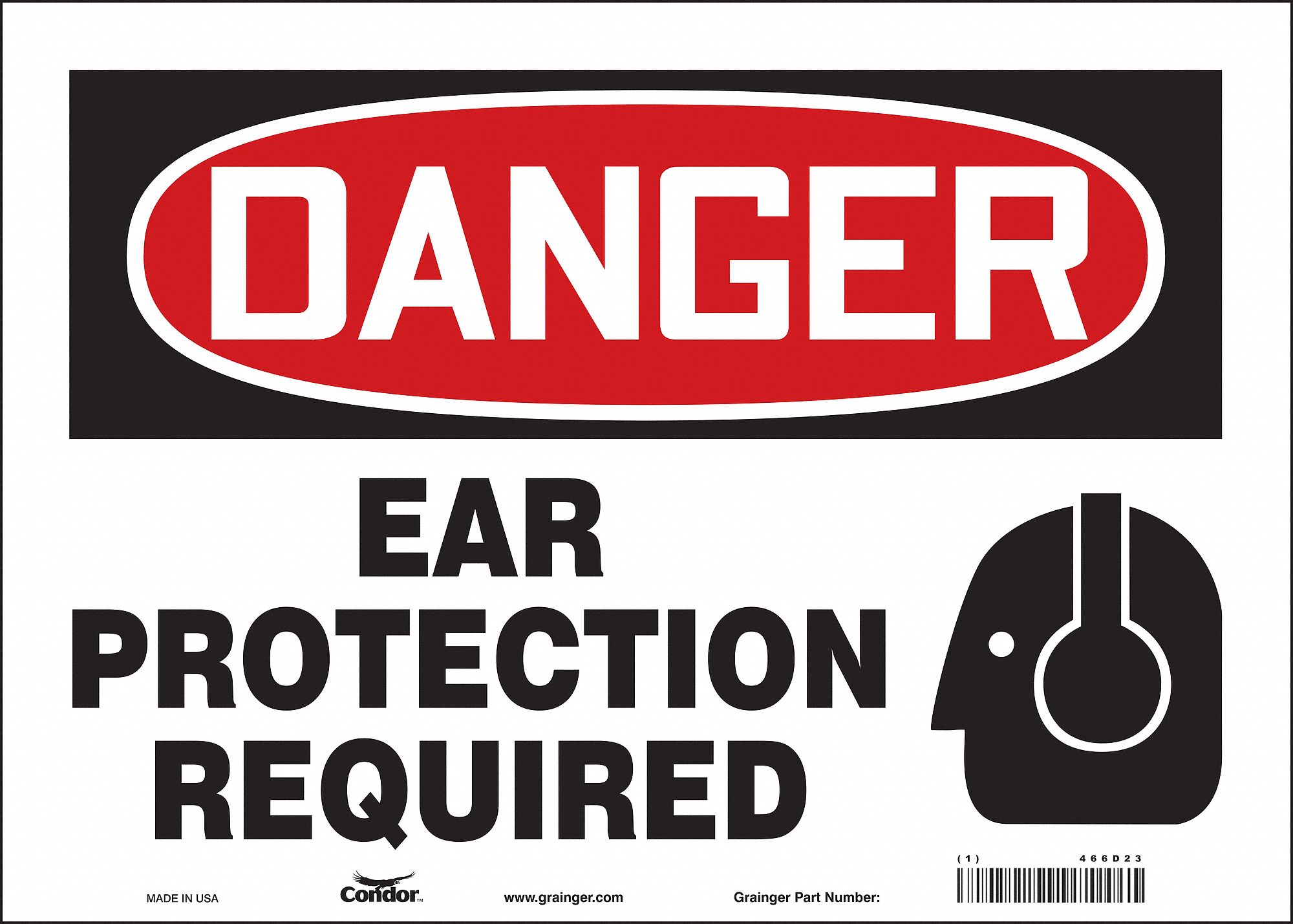 CONDOR Safety Sign, Sign Format Traditional OSHA, Ear Protection
