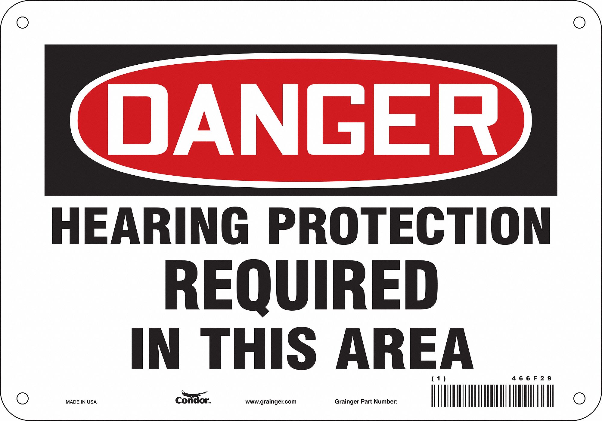 SAFETY SIGN, ALUMINUM, HOLE MOUNT, 7 X 10 IN NOMINAL SIGN SIZE, 0.032 IN THICK, HEARING PROTECTION REQUIRED IN THIS AREA