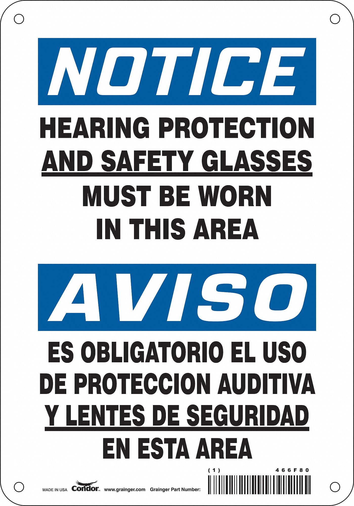 SAFETY SIGN, AL, HOLE MOUNT, 10X7 IN, 0.032 IN THICK, HEARING PROTECTION & SAFETY GLASSES MUST BE WORN IN THIS AREA/E...