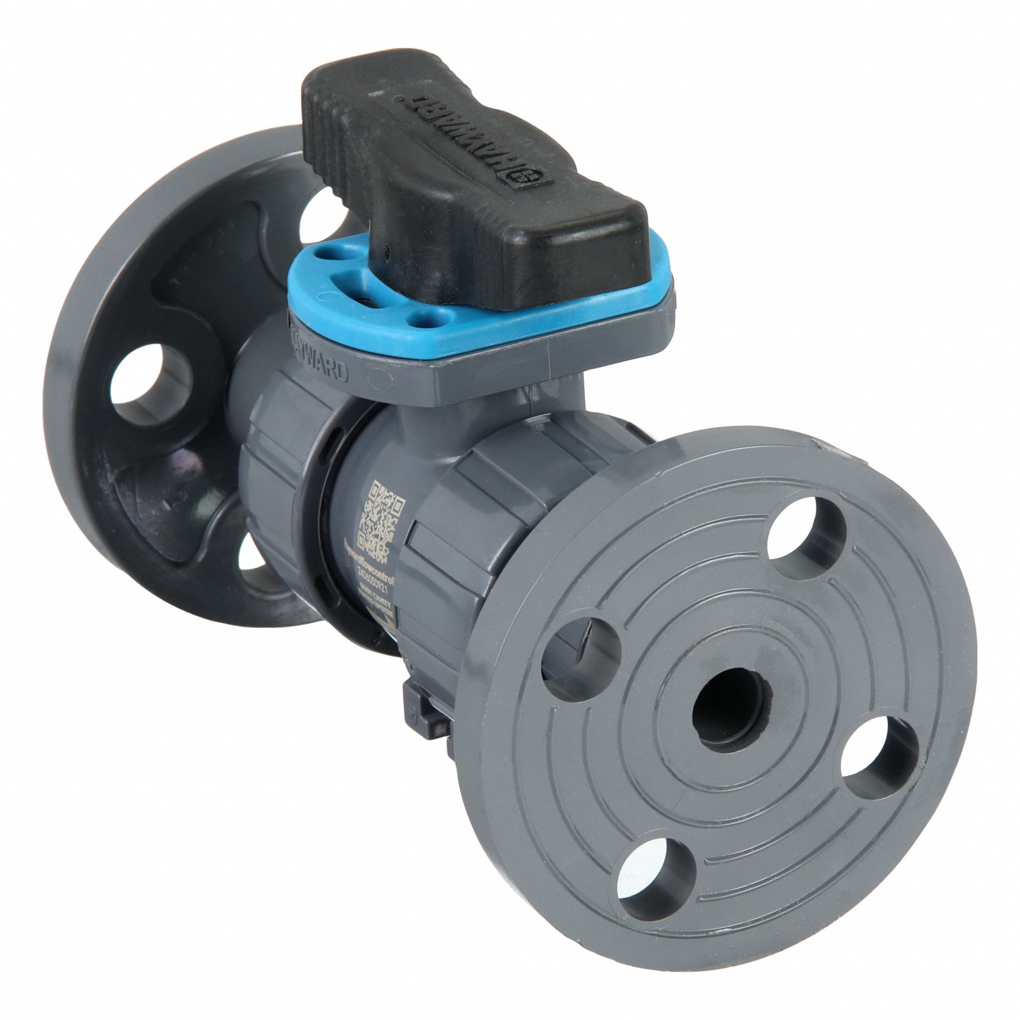 Manual Two-Way Ball Valve: 1/2 in, PVC, Straight, Class 150 Flange, Three-Piece
