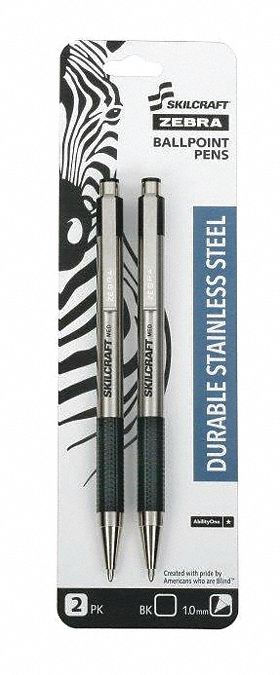 Pen Set: Skilcraft® Zebra®, Black, 1 mm, Retractable, Silver, Textured Grip, Metal, 2 PK