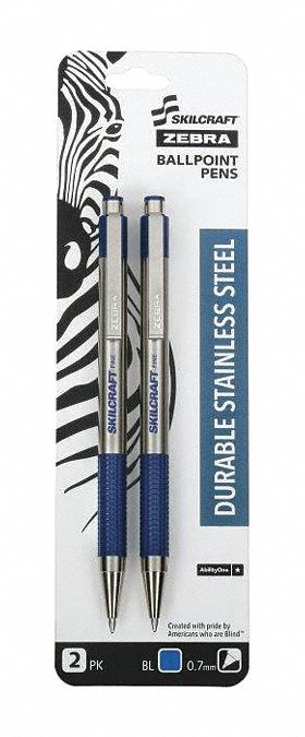 Pen Set: Skilcraft® Zebra®, Blue, 0.7 mm, Retractable, Silver, Textured Grip, Fine, 2 PK