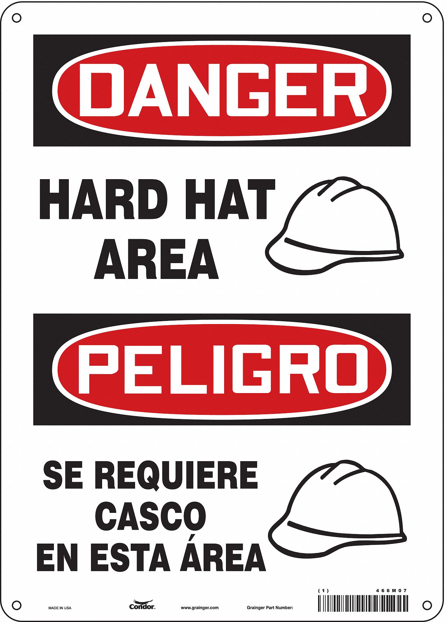 SAFETY SIGN, ALUMINUM, HOLE MOUNT, 14 X 10IN, 0.032IN THICK, HARD HAT AREA/ SE REQUIERE CASCO EN ESTA AREA
