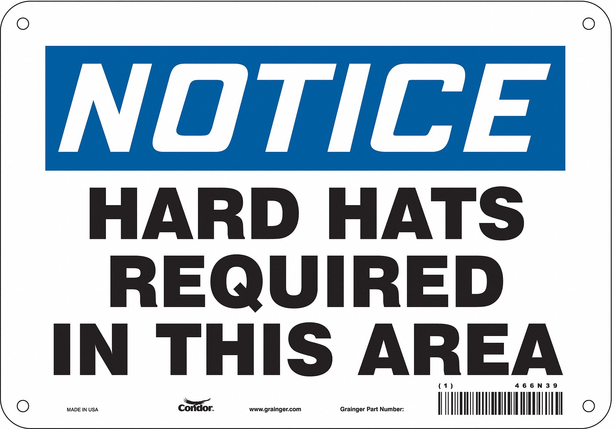 CONDOR Safety Sign, Sign Format Traditional OSHA, Hard Hats Required In