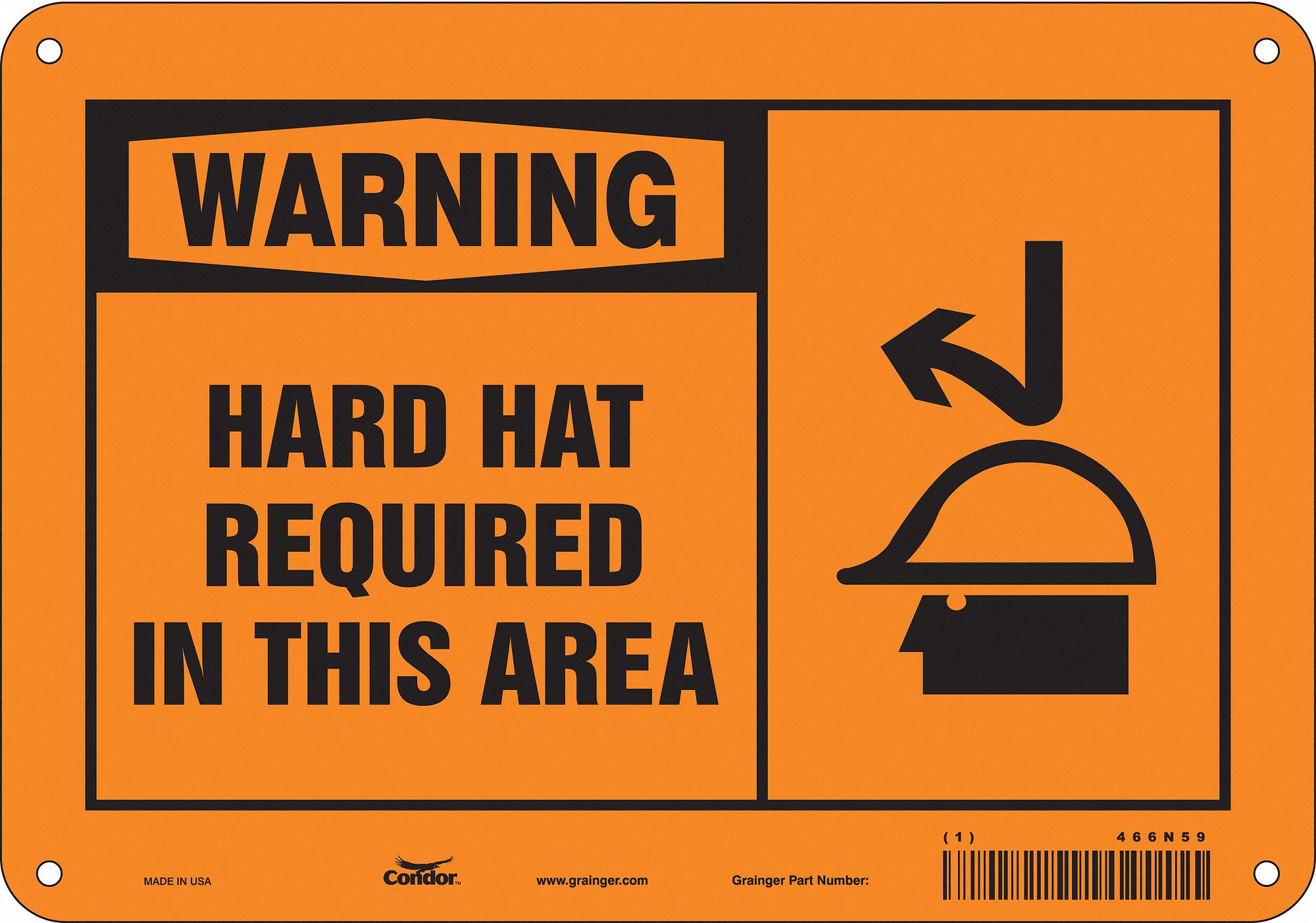 CONDOR Safety Sign, Sign Format Traditional OSHA, Hard Hat Required In