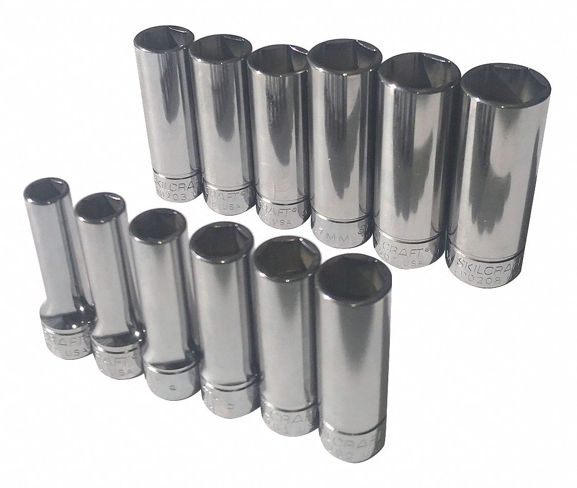 Socket Set: 3/8 in Drive, 12 Piece, 6-Point, Metric, 8 mm to 19 mm