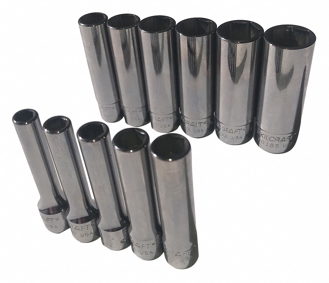 Socket Set: 1/4 in Drive, 11 Piece, 6-Point, Metric, 5 mm to 14 mm
