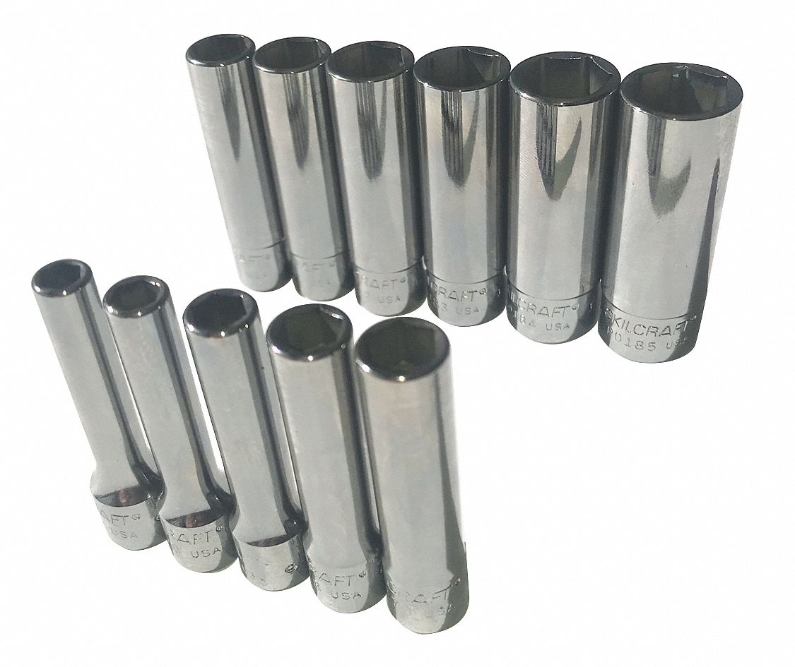 Socket Set: 1/4 in Drive, 11 Piece, 6-Point, Metric, 5 mm to 14 mm