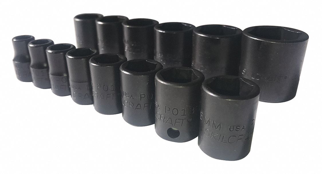 Impact Socket Set: 3/8 in Drive, 14 Piece, 12-Point, Metric, 8 mm to 24 mm