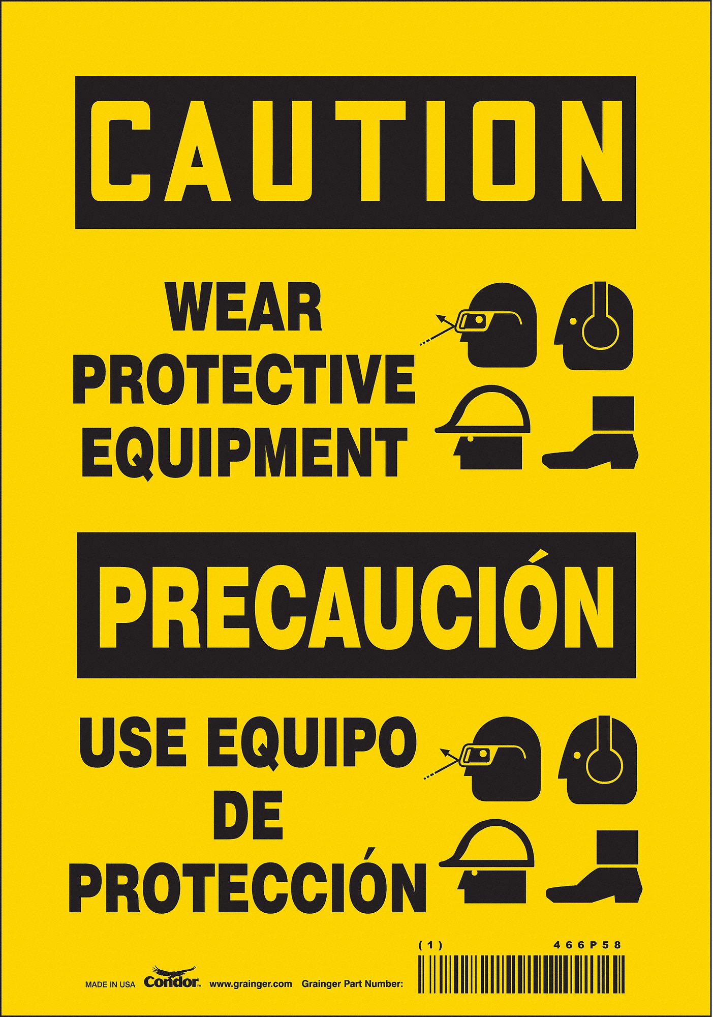 SAFETY SIGN, VINYL, ADHESIVE MOUNT, 10 X 7 IN, NOT RETROREFLECTIVE, WEAR PROTECTIVE EQUIPMENT/USE EQUIPO DE PROTECCION