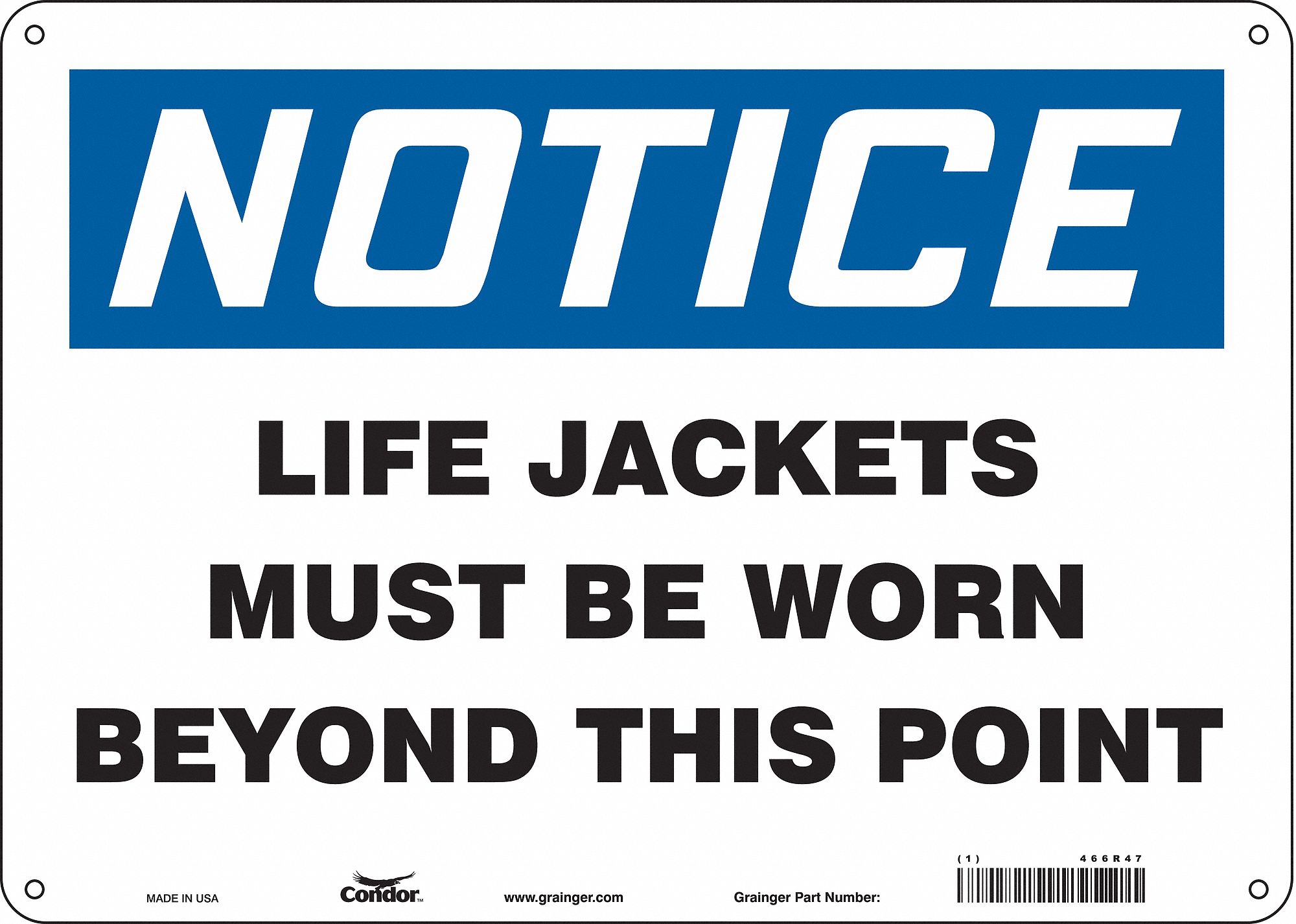CONDOR Safety Sign, Sign Format Traditional OSHA, Life Jackets Must Be