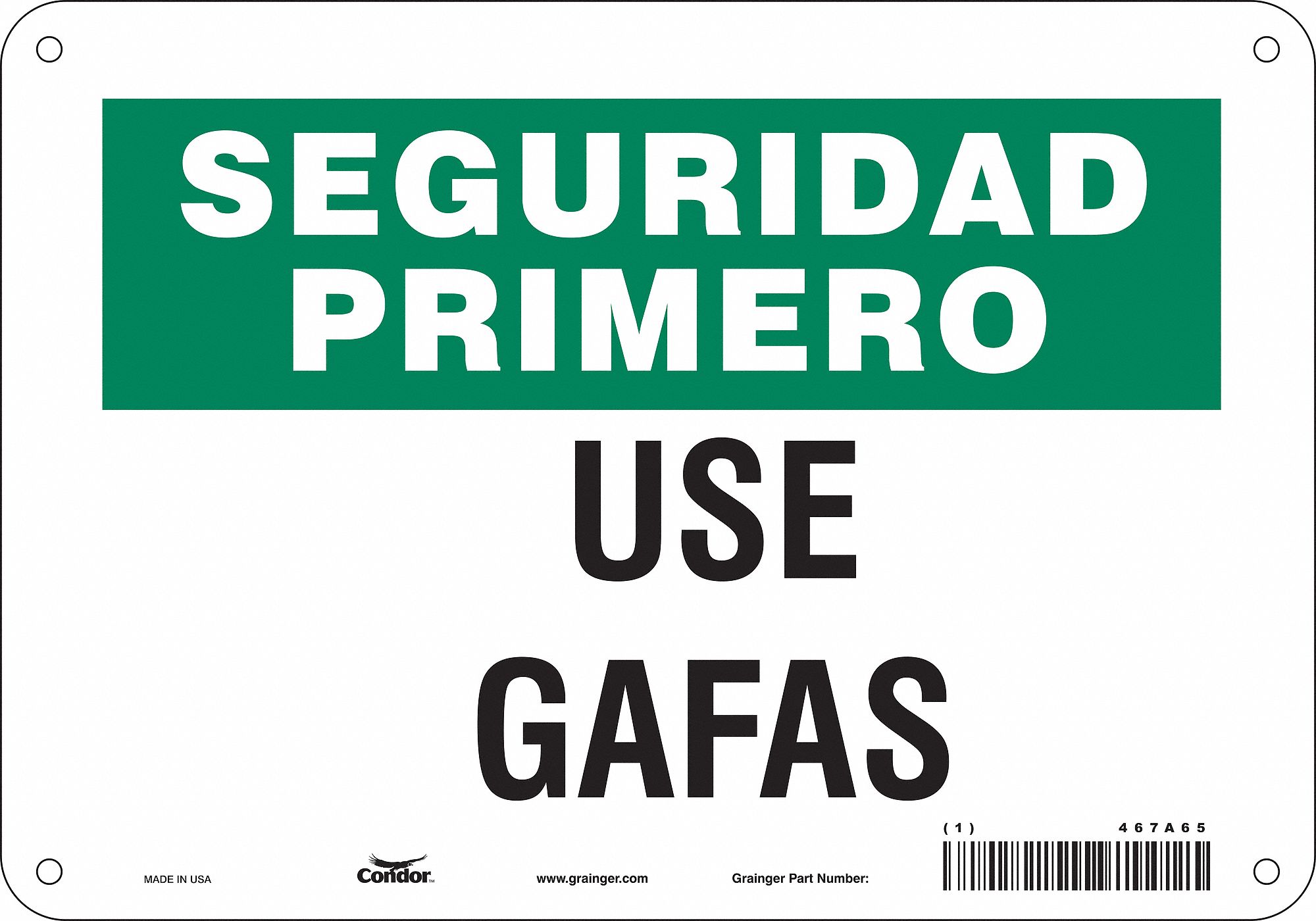 Safety Sign: Polyethylene, Mounting Holes Sign Mounting, 7 in x 10 in Nominal Sign Size, Use Gafas