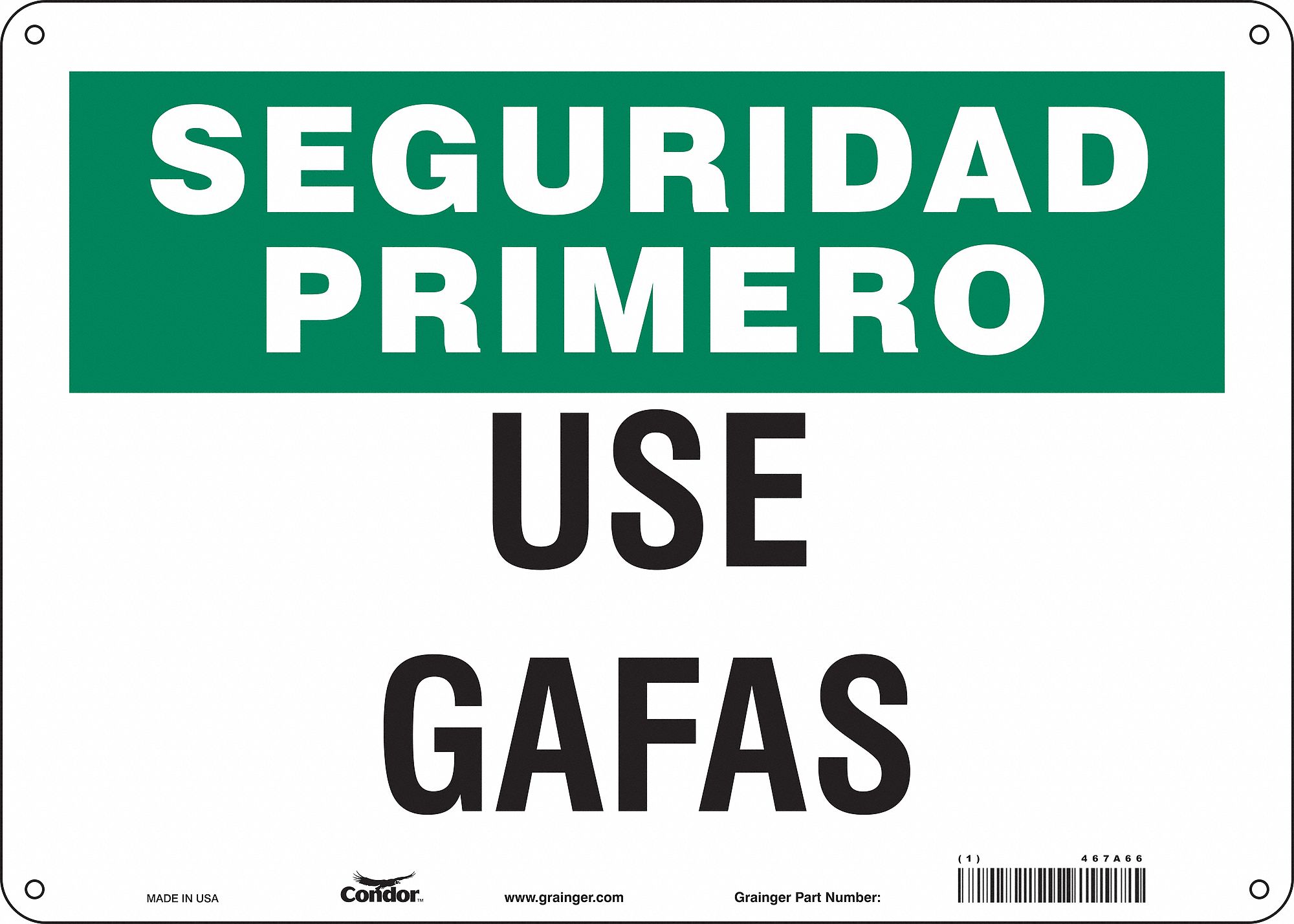 Safety Sign: Polyethylene, Mounting Holes Sign Mounting, 10 in x 14 in Nominal Sign Size, Use Gafas