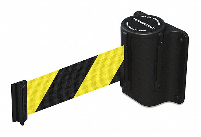 Retractable Belt Barrier: Fixed Mounting Plate, 13 ft Belt Lg, Pattern, Black/Yellow