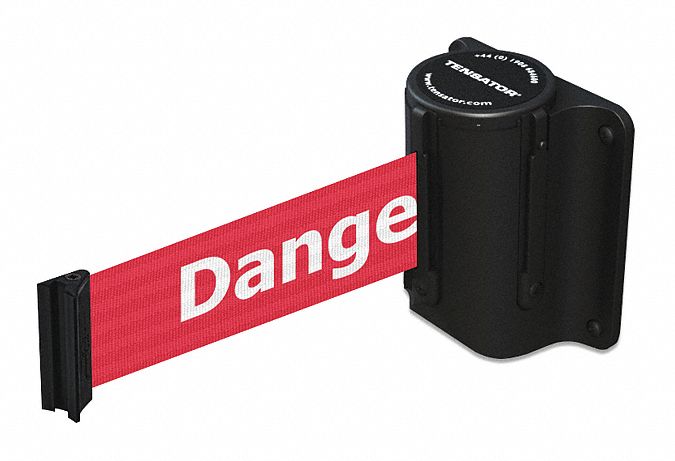Retractable Belt Barrier: Fixed Mounting Plate, 13 ft Belt Lg, Danger Messaging, Red