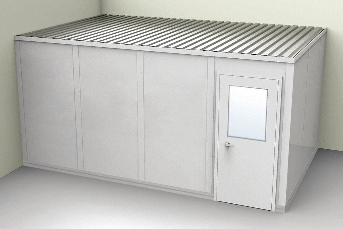 Modular In-Plant Office: 16 ft x 10 ft x 8 ft, 2 Walls, Vinyl-Covered Drywall, Gray