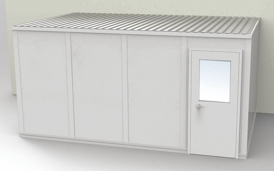 Modular In-Plant Office: 16 ft x 10 ft x 8 ft, 3 Walls, Vinyl-Covered Drywall, Gray