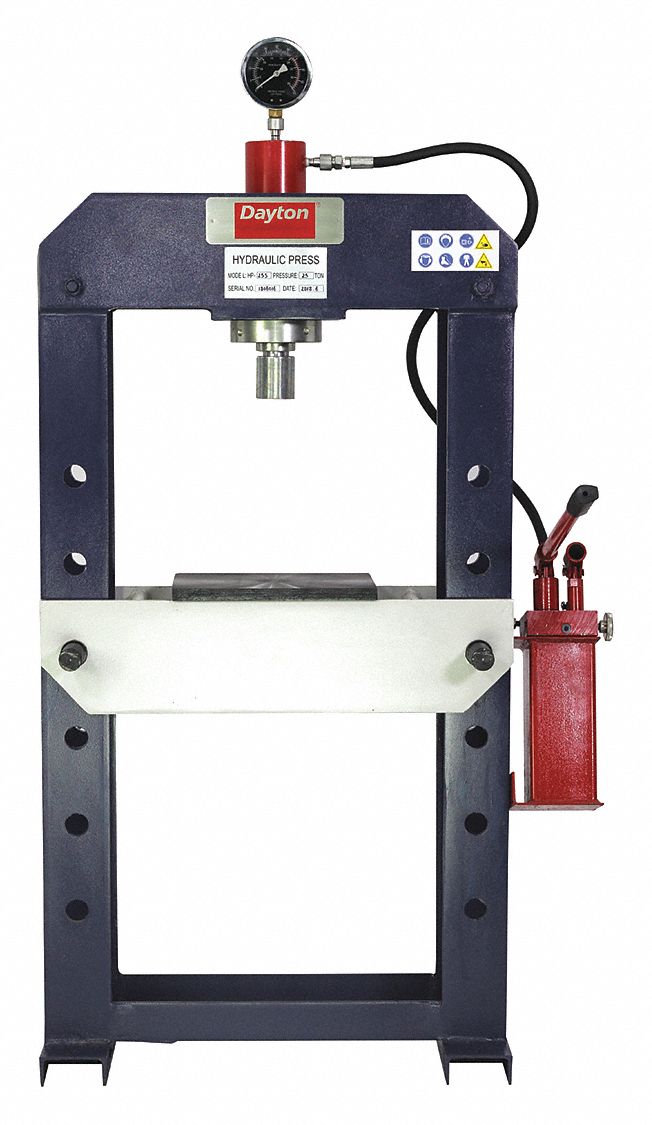 DAYTON Hydraulic Press: Hydraulic Manual Pump, H-Frame Frame, 25 ton Frame  Capacity, 10 in Stroke