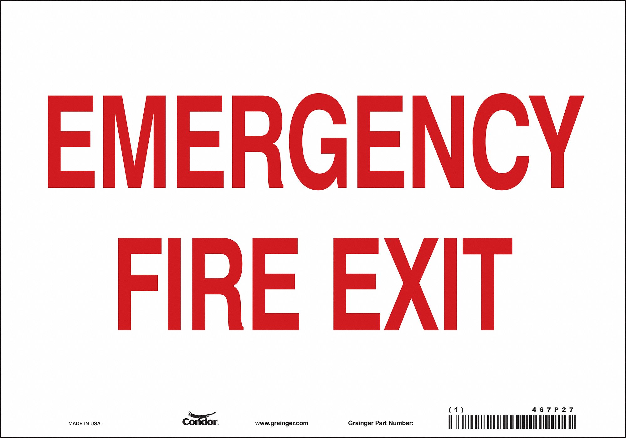 SAFETY SIGN, VINYL, ADHESIVE MOUNT, 7 IN X 10 IN NOMINAL SIGN SIZE, NOT RETROREFLECTIVE, EMERGENCY FIRE EXIT