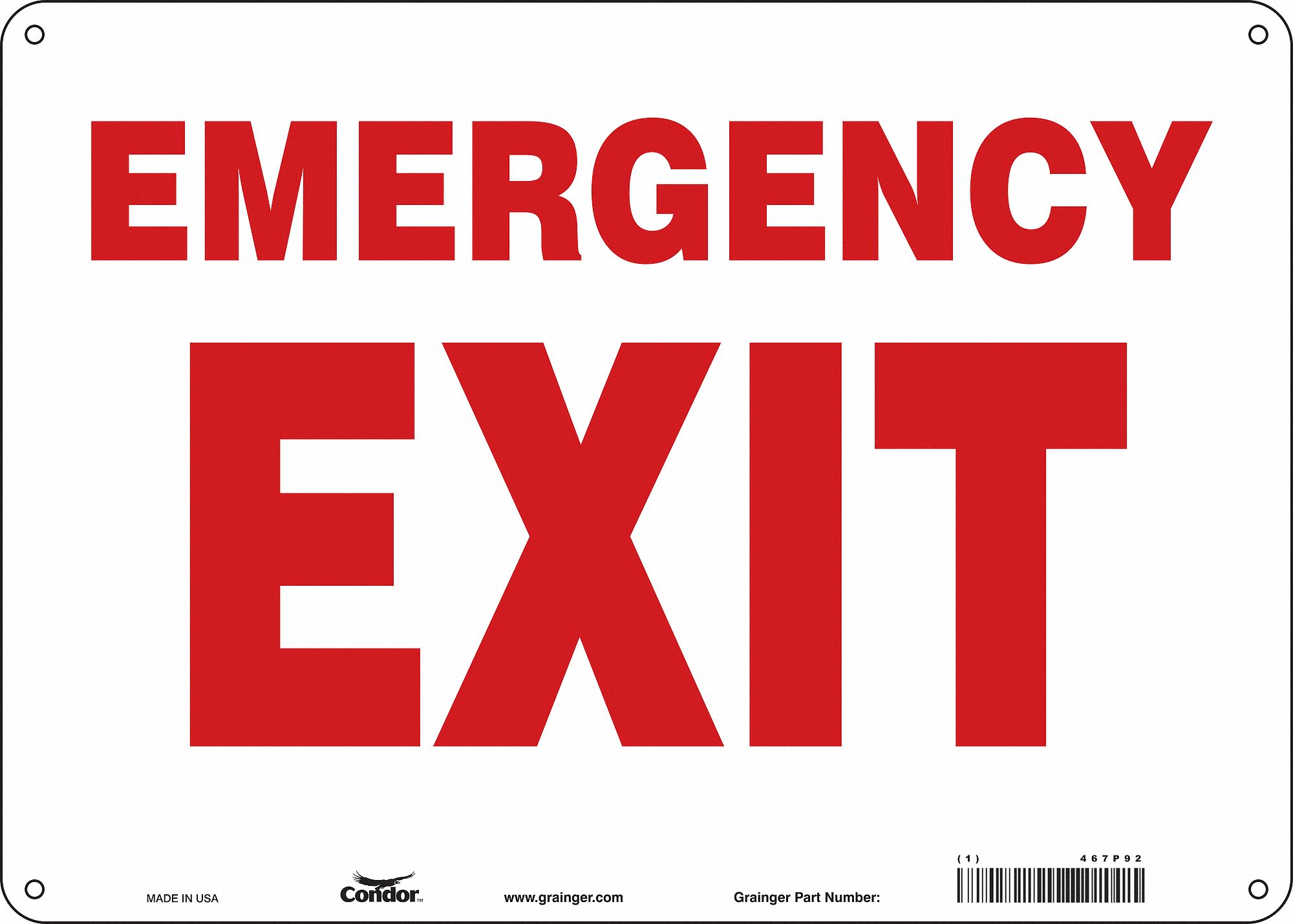 SAFETY SIGN, ALUMINUM, MOUNTING HOLES, 10 IN X 14 IN NOMINAL SIGN SIZE, 0.032 IN THICK, EMERGENCY EXIT