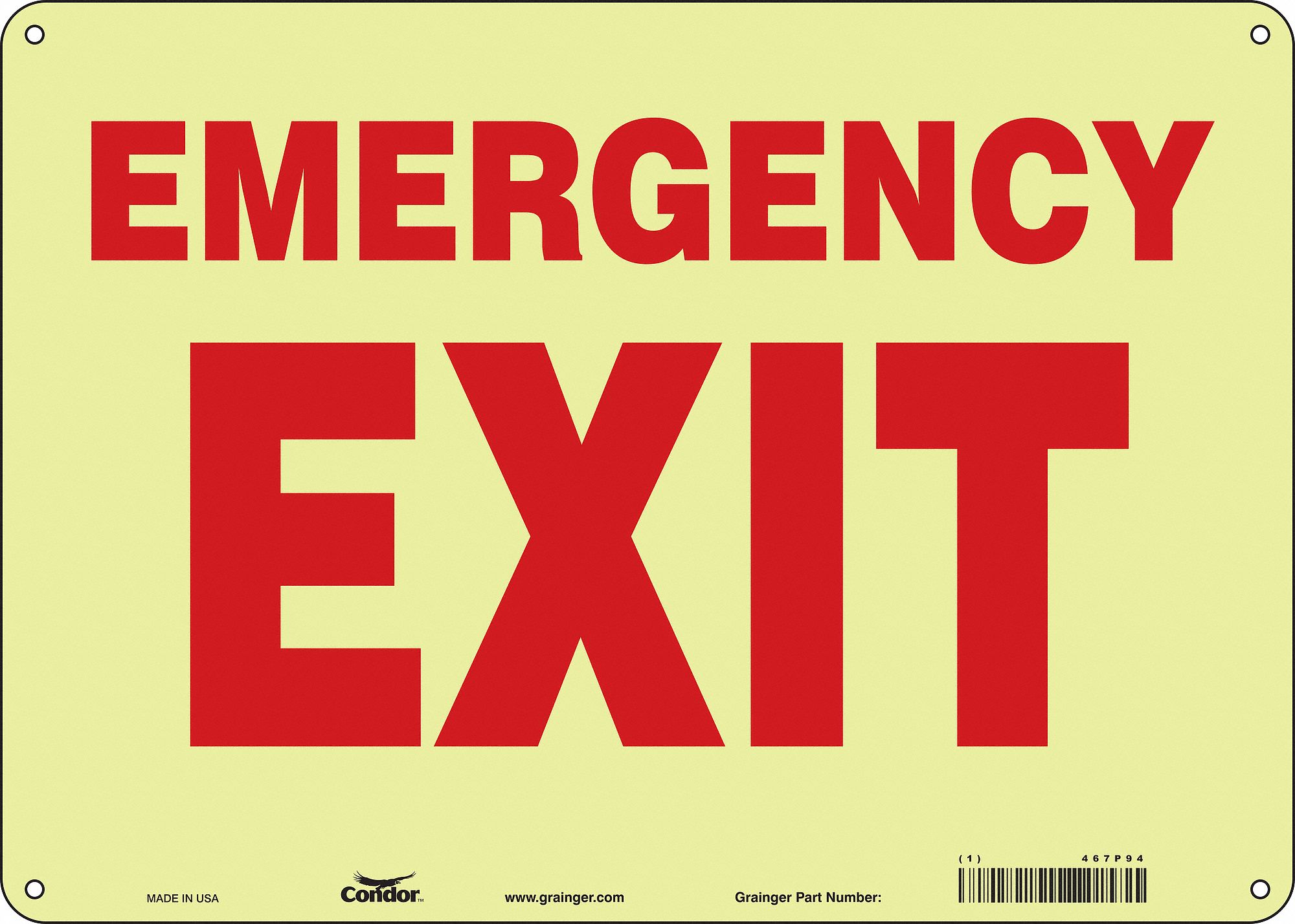 SAFETY SIGN, POLYETHYLENE, MOUNTING HOLES, 10 IN X 14 IN NOMINAL SIGN SIZE, EMERGENCY EXIT