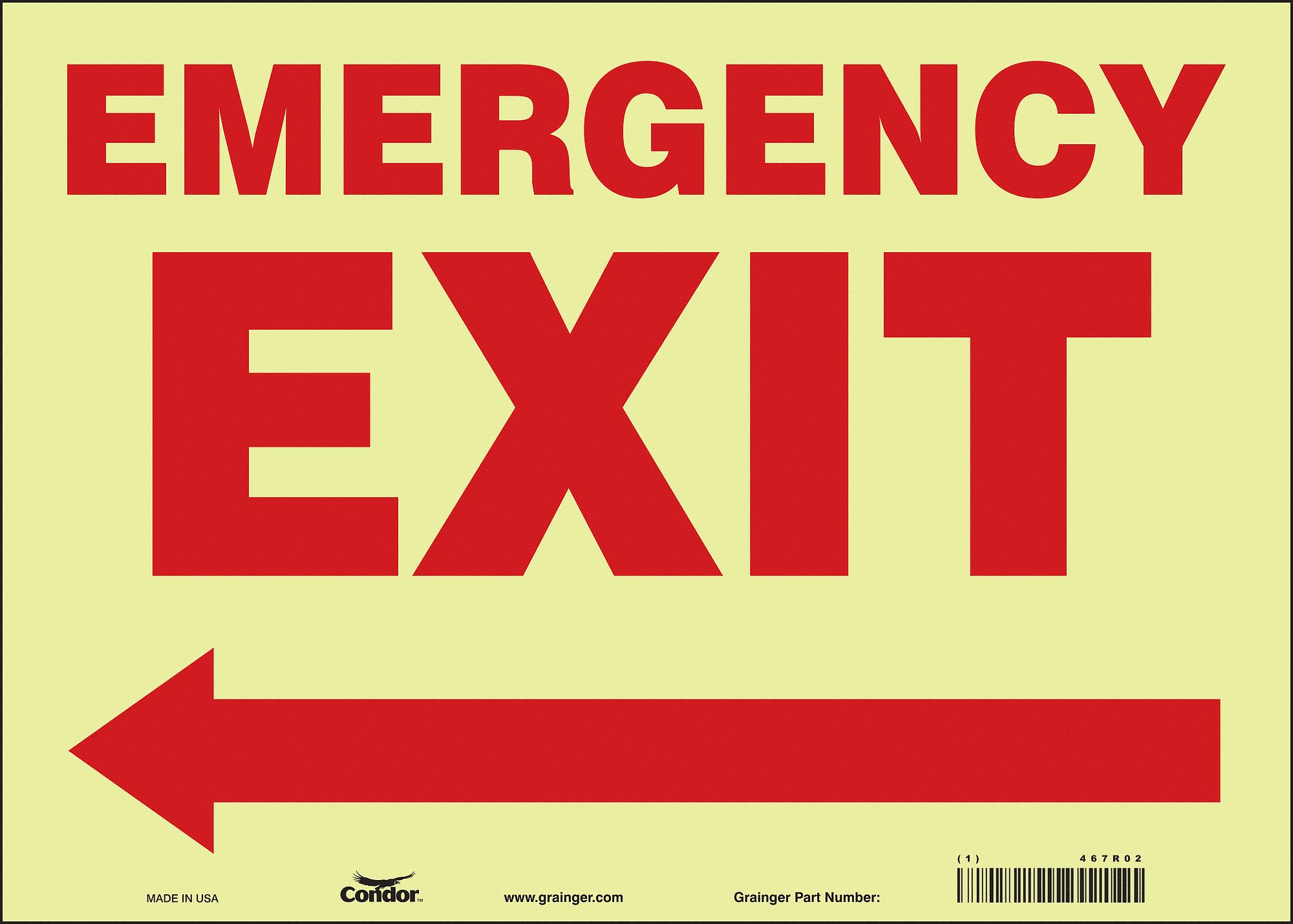 SAFETY SIGN, GLOW VINYL, ADHESIVE MOUNT, 10 IN X 14 IN NOMINAL SIGN SIZE, GLOW IN THE DARK, EMERGENCY EXIT
