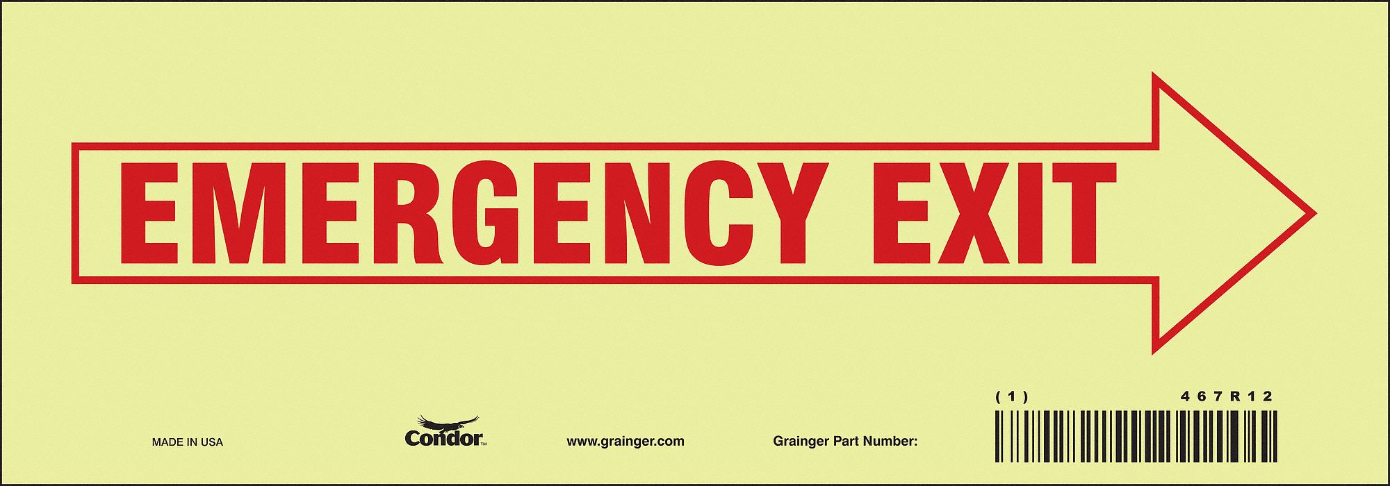 SAFETY SIGN, GLOW VINYL, ADHESIVE MOUNT, 3½ IN X 10 IN NOMINAL SIGN SIZE, 0.01 IN THICK, EMERGENCY EXIT