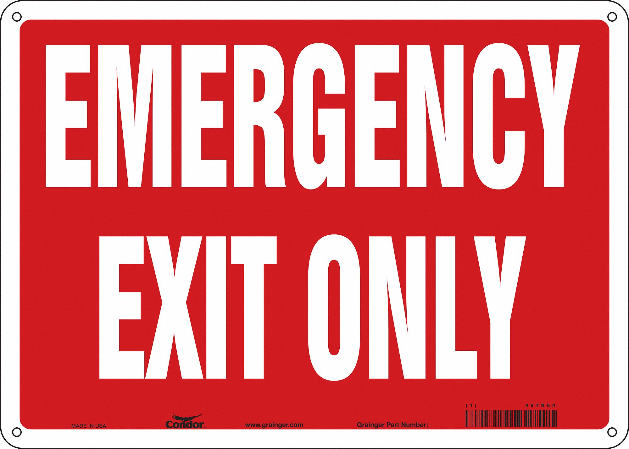 SAFETY SIGN, GLOW VINYL, ADHESIVE MOUNT, 10 IN X 14 IN NOMINAL SIGN SIZE, GLOW IN THE DARK, EMERGENCY EXIT ONLY