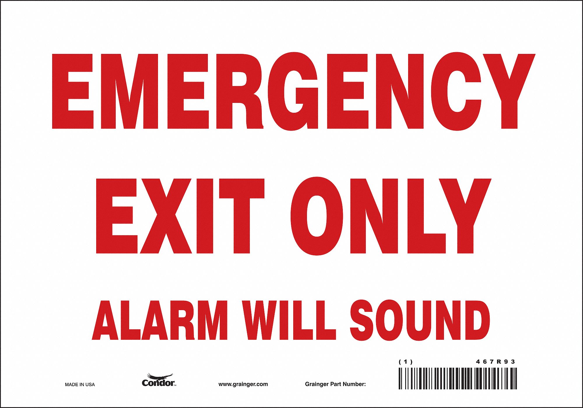 SAFETY SIGN, VINYL, ADHESIVE MOUNT, 7X10IN NOMINAL SIGN SIZE, NOT RETROREFLECTIVE, EMERGENCY EXIT ONLY ALARM WILL SOUND
