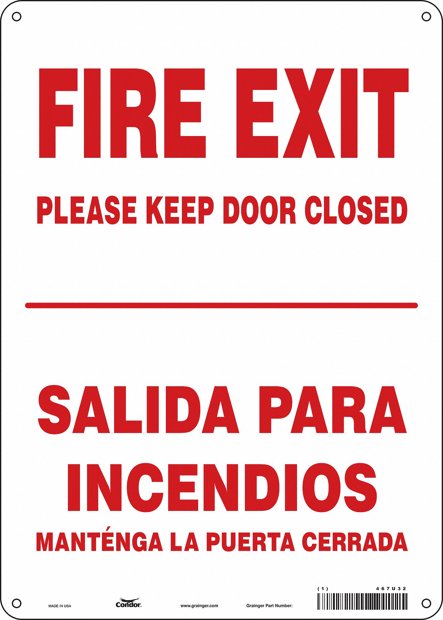 SAFETY SIGN, PE, HOLE MOUNT, 14X10IN, FIRE EXIT PLEASE KEEP DOOR CLOSED/SALIDA PARAINCENDIOS MANTENGA LA PUERTA CERRADA