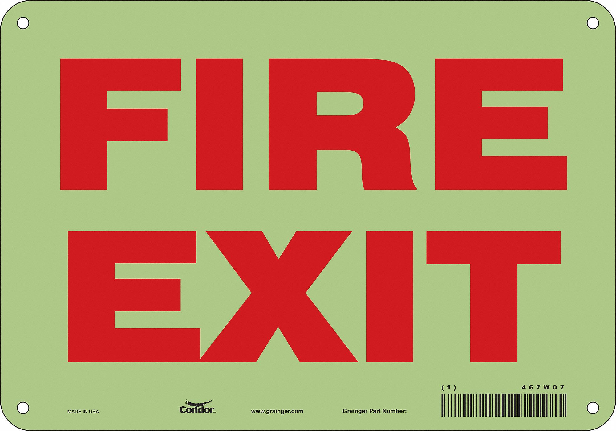 SAFETY SIGN, GLOW VINYL, ADHESIVE MOUNT, 7 IN X 10 IN NOMINAL SIGN SIZE, NOT RETROREFLECTIVE, FIRE EXIT