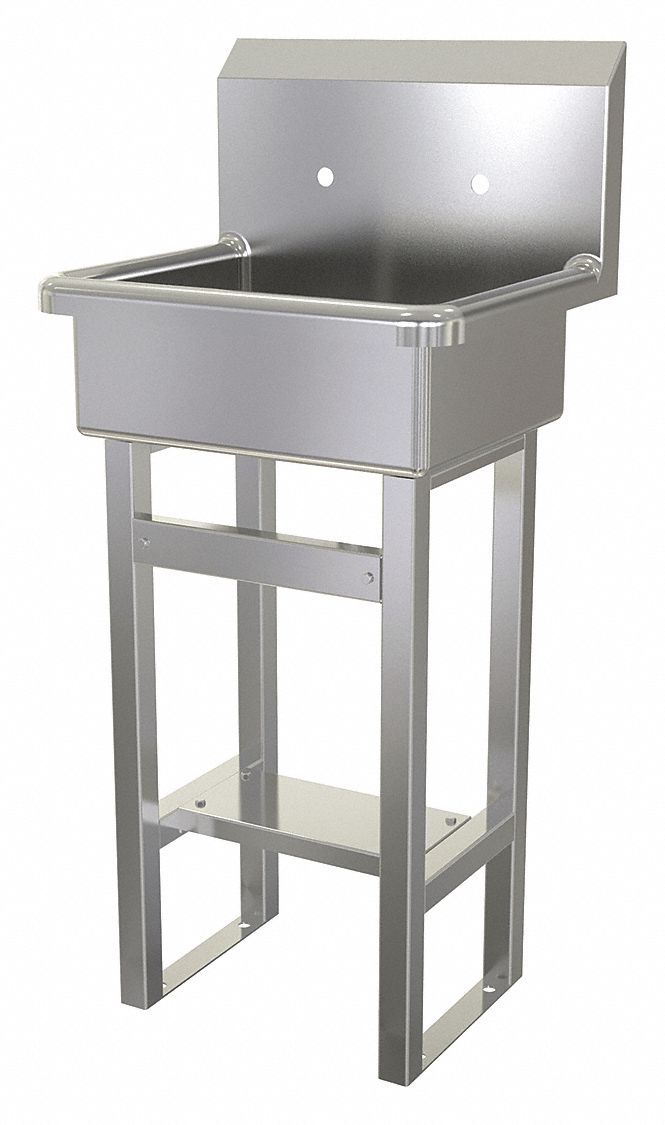 Hand Sink: 43 1/2 in Overall Ht, 17 in Bowl Lg, 7 in Bowl Dp, 2 Faucet Holes, 16 ga