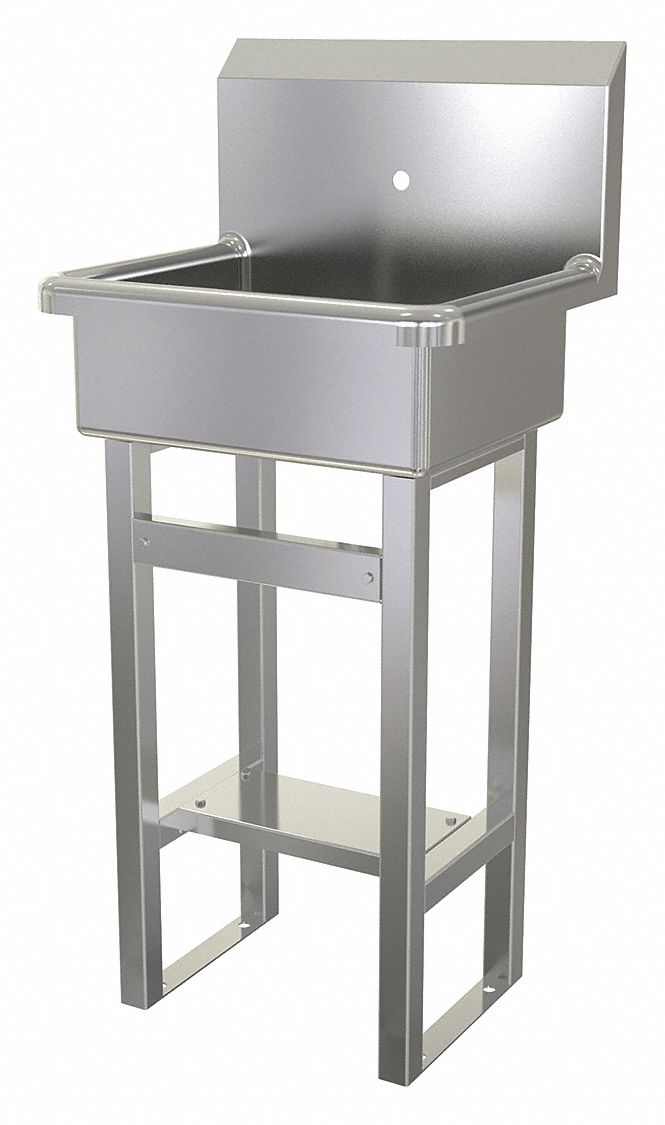 Hand Sink: 43 1/2 in Overall Ht, 17 in Bowl Lg, 7 in Bowl Dp, 1 Faucet Holes, 16 ga