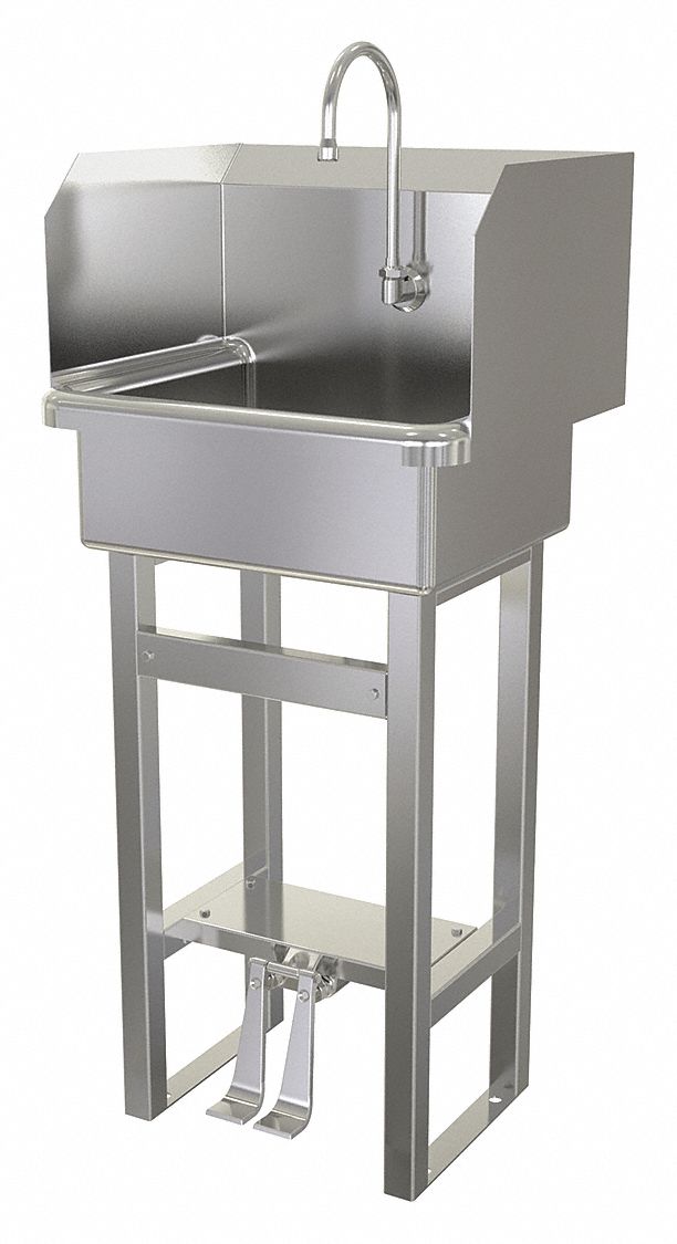 Hand Sink: 43 1/2 in Overall Ht, 17 in Bowl Lg, 7 in Bowl Dp, 0.5 gpm Flow Rate, 16 ga