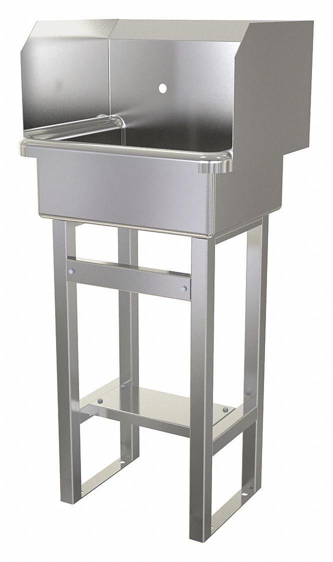 Hand Sink: 43 1/2 in Overall Ht, 17 in Bowl Lg, 7 in Bowl Dp, 2 Faucet Holes, 16 ga