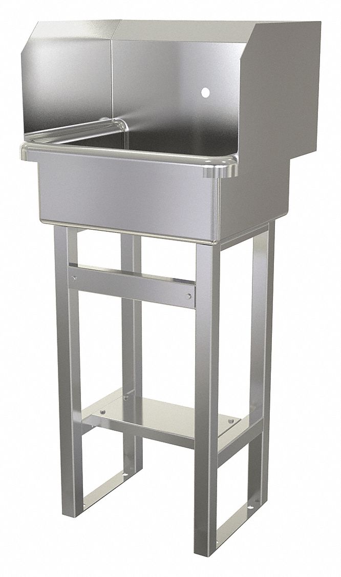 Hand Sink: 43 1/2 in Overall Ht, 17 in Bowl Lg, 7 in Bowl Dp, 1 Faucet Holes, 16 ga