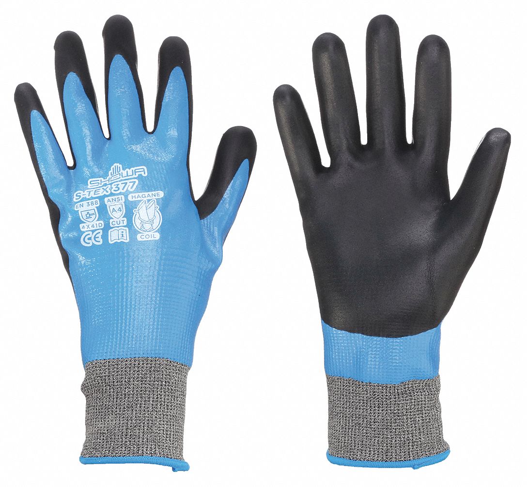 SHOWA Coated Gloves: L ( 8 ), ANSI Cut Level A4, Full, Double Dipped, Foam  Nitrile, Nitrile, 1 PR